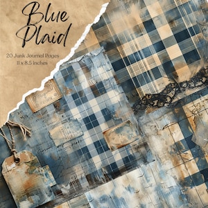 Blauwe geruite ongewenste dagboekpagina's Digitale papieren Afdrukbare dagboekpagina's Plakboekkaarten Papierkunst Shabby Chic Textiel Achtergrondbenodigdheden