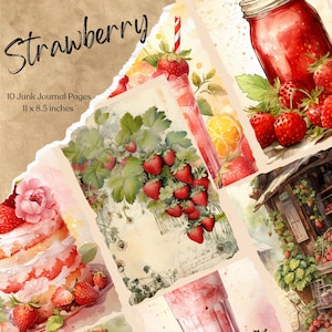 Pages du journal Strawberry Junk | Papier numérique pour scrapbooking | Feuille de collage imprimable | Éphémères vintage | Kit de fruits d'été | Téléchargement botanique