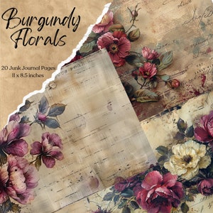 Borgoña Floral Junk Journal Páginas Flor Imprimible Flor Papel Craft Papel para Diario Scrapbook Papel Digital Descargar Diario Fondo