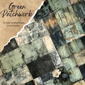 Green Patchwork Junk Journal Pages Digital Paper Printable Journal Pages Scrapbook Cards Paper Craft Shabby Chic Textile Background Supplies