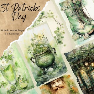 Papiers pour journal indésirable de la Saint-Patrick, trèfle à quatre feuilles, papier artisanal pour scrapbooking numérique, carte imprimable, trèfle irlandais, éphémères verts