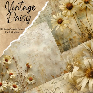 Vintage Daisy Junk Journal Pages Digital Scrapbook Paper Kit Floral Imprimible Flor Antigua Collage Hoja Shabby Chic Ephemera Descargar
