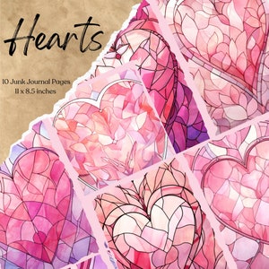 Stained Glass Hearts Junk Journal Page Bundle | Vintage Love Letter | Digital Paper for Scrapbooking | Vintage Valentine | Heart Ephemera