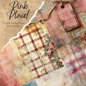 Rosa xadrez lixo páginas de diário papéis digitais imprimíveis páginas de diário scrapbook cartões de papel artesanato chique gasto materiais de fundo têxteis