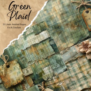 Verde xadrez lixo páginas de diário papéis digitais imprimíveis páginas de diário scrapbook cartões de papel artesanato chique gasto materiais de fundo têxteis