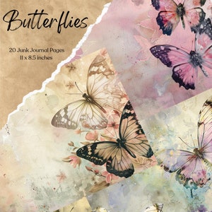 Papel de jornal lixo de borboleta | Páginas do diário de borboletas de fantasia | Papel para impressão do Junk Journal | Folha de colagem digital | Download instantâneo