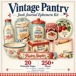 以下が含まれることがあります： Vintage Pantryというタイトルのジャンクジャーナル用エフェメラキット。牛乳瓶、小麦粉袋、砂糖入れ、イチゴジャム、サクランボのタグ、レシピボックスなどの印刷可能なイラストが含まれており、250点以上のパーツで構成されています。