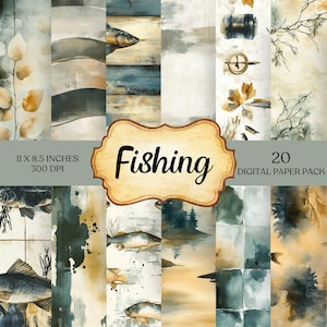 Papel para diario de pesca, páginas imprimibles para diario de pescadores, efímeras de la naturaleza, fondo de pescador, suministros para álbumes de recortes, patrón de caza