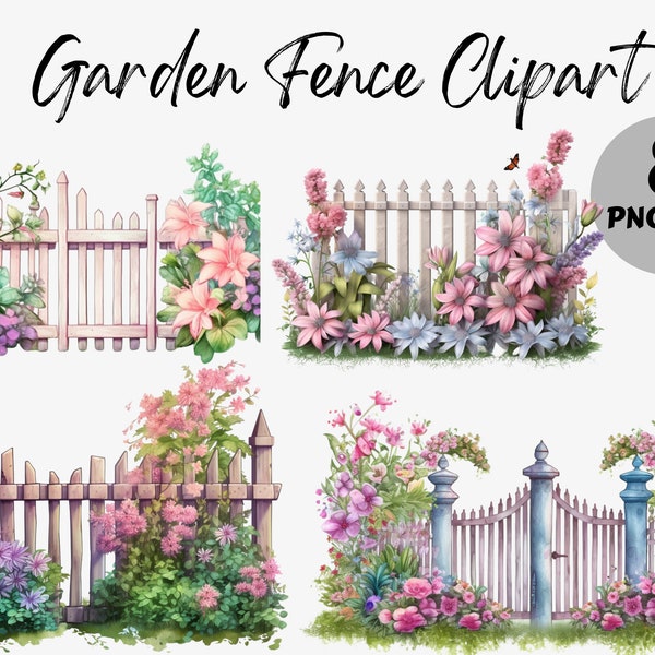 Watercolor Garden Fence Clipart Bundle | Garden Fence Graphics | Floral Graphics | Flower Fence PNG | Commercial Use | Flower Gate PNG