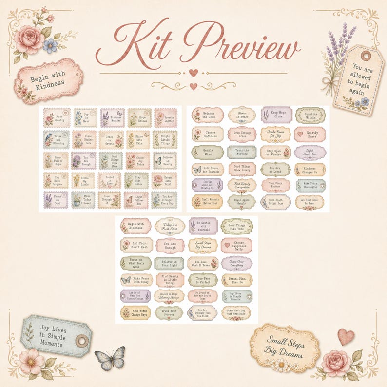Positive Quotes Junk Journal Ephemera Kit, Vintage Feminine Tags, Labels, Stamps, Journal Cards, Word Strips, Printable JPEG Download Bundle image 4
