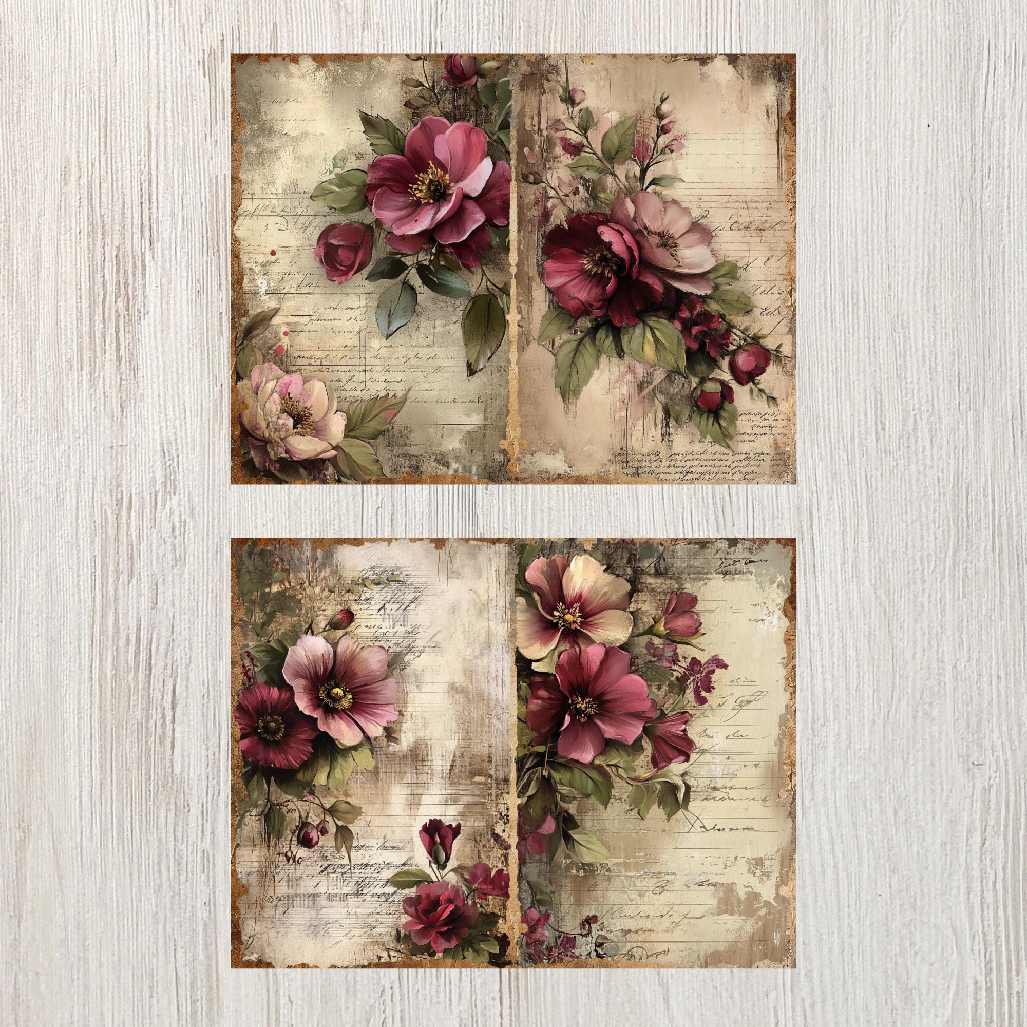 Burgundy Floral Junk Journal Pages Flower Printable Flower Paper Craft ...