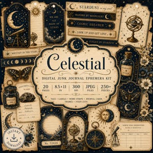 Puede incluir: Un kit digital de efímeros para diario con gráficos de temática celestial que incluyen lunas, estrellas, telescopios, esferas armilares, mariposas y etiquetas de estilo vintage con textos como Celestial, Stardust y Starlight Elixir.