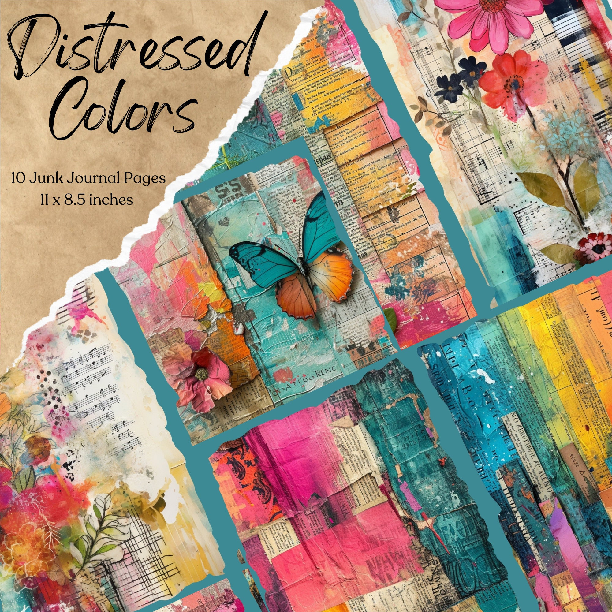 Distressed Colors Junk Journal Pages | Digital Paper | Textures ...