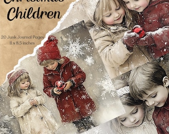 May include: 20 digital printable junk journal pages featuring children in winter scenes. The pages are 11 x 8.5 inches and feature a Christmas theme.