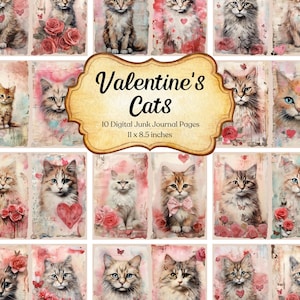 Journal de la Saint-Valentin avec chat, page imprimable, kit de papier de scrapbooking animaux, feuille de collage éphémères romantiques, papier de fond amour numérique