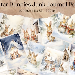 Cartões de registro no diário do coelho do inverno | Digital Junk Journal Efêmeras | Kit de papel para álbum de recortes para impressão | Folha de colagem da floresta | Página do Diário do Coelho