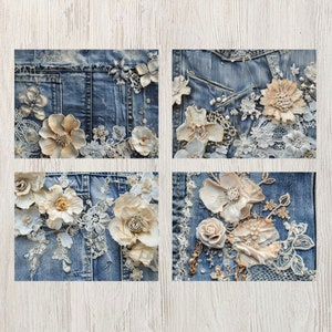May include: Four square images of denim fabric embellished with cream-colored fabric flowers, lace, and pearls. The denim has distressed details and visible pockets. The floral arrangements vary in size and style.