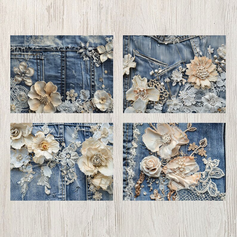May include: Four square images of denim fabric embellished with cream-colored fabric flowers, lace, and pearls. The denim has distressed details and visible pockets. The floral arrangements vary in size and style.