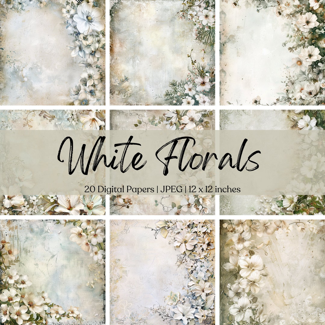 White Floral Printable Paper Shabby Chic Digital Download Watercolor ...