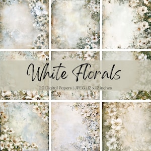 Papel para impressão floral branco chique gasto digital download aquarela flores convite scrapbook lixo diário coisas efêmeras jpg cartão fazendo