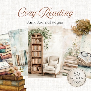 May include: Watercolor illustration of a cozy reading scene with a bookshelf, armchair, and stacks of books. The text "Cozy Reading" and "Junk Journal Pages" are displayed at the top. A circular badge indicates "50 Printable Pages".