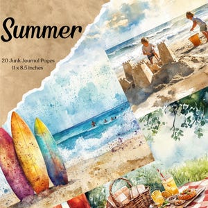 Página de diario basura de verano, materiales imprimibles para hacer álbumes de recortes, material de playa, papel basura para diario oceánico, hoja de collage marino con descarga digital