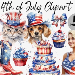 Aquarelle 4 juillet PNG Clipart Bundle | Jour de l&#39;Indépendance PNG | Chat | Chien | beignet | Fille du 4 juillet | Utilisation commerciale | Téléchargement numérique