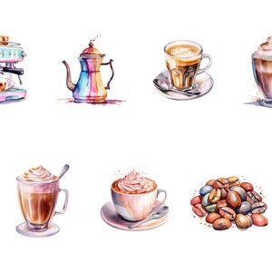 May include: Watercolor illustration of coffee-making equipment and coffee drinks. A pink espresso machine, a colorful teapot, a cup of cappuccino, a glass of latte, a glass of coffee with whipped cream, a cup of coffee with whipped cream, and a pile of coffee beans.