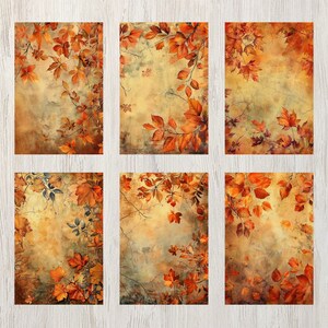 May include: Six digital collage images featuring autumn leaves in shades of orange, yellow, and brown on a textured background.