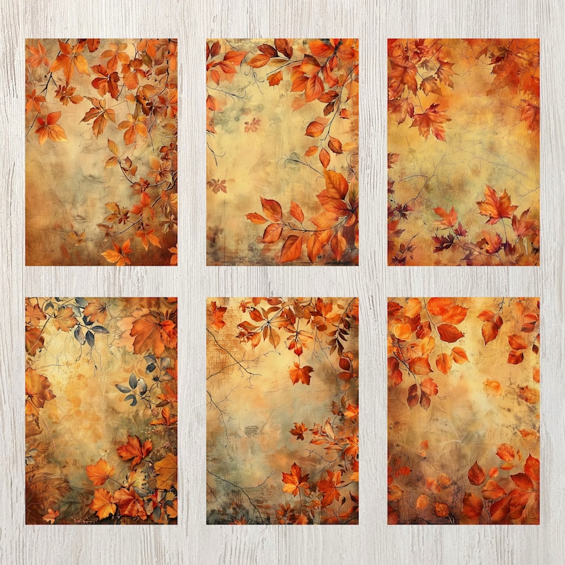 May include: Six digital collage images featuring autumn leaves in shades of orange, yellow, and brown on a textured background.