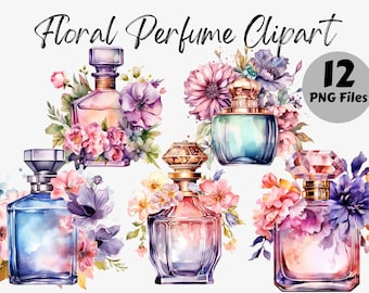 Paquete de imágenes prediseñadas de perfume floral acuarela / Gráficos de perfume / Gráficos florales de acuarela / Perfume PNG / Uso comercial / Botella de perfume PNG
