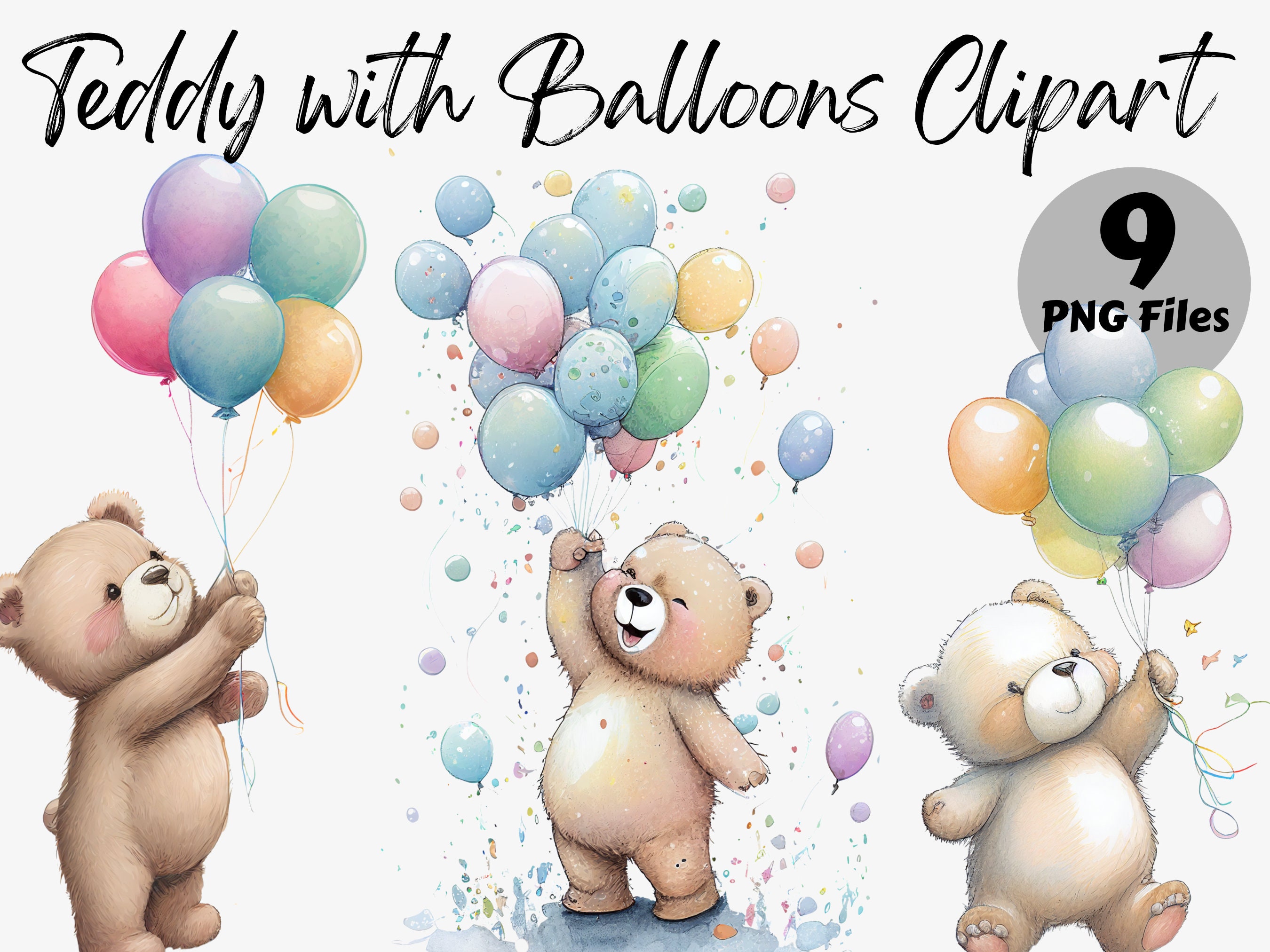 Watercolor Teddy Bear With Balloons Clipart Bundle | Teddy Bear Digital ...