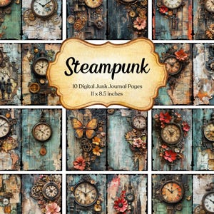 Steampunk Junk Journal Page Kit Digitaal industrieel papier Victoriaans afdrukbaar collagevel mechanisch plakboek Vintage kortstondige achtergrond