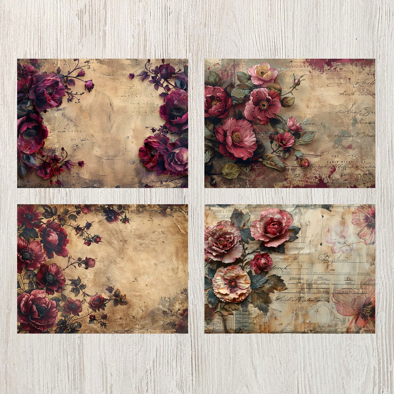 Burgundy Floral Junk Journal Pages Flower Printable Flower Paper Craft ...