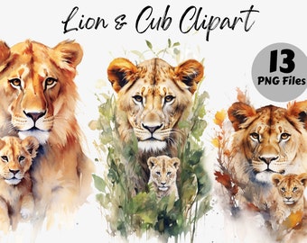 Watercolor Lion and Cub Clipart Bundle | Lion Digital Images | Lion Cub PNG | Digital Download | Watercolor Lion PNG | Commercial Use