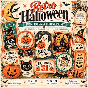 May include: A Retro Halloween junk journal ephemera kit featuring printable pages with vintage-style illustrations of black cats, pumpkins, ghosts, owls, and haunted houses. The text includes Retro Halloween, Trick or Treat, Boo to you, and October 31.