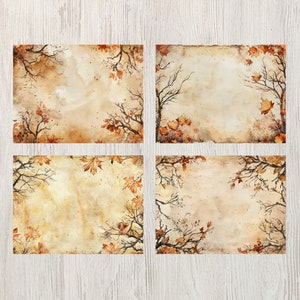 May include: Four vintage-style paper cards with a watercolor background featuring brown branches and orange leaves. The cards have a distressed, aged look.