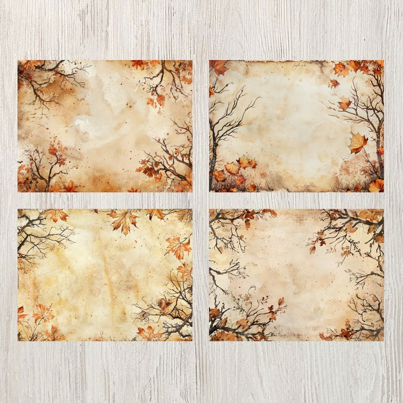 May include: Four vintage-style paper cards with a watercolor background featuring brown branches and orange leaves. The cards have a distressed, aged look.