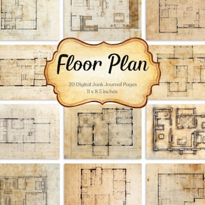 May include: A set of 20 digital junk journal pages with floor plan designs, printed on aged paper. The architectural drawings are detailed and vintage-inspired. The image includes the text "Floor Plan" and dimensions of 28 x 21.6 cm.