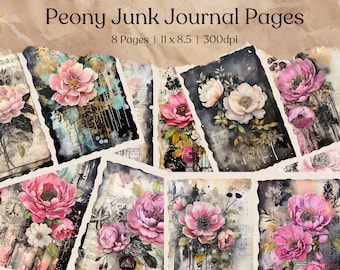 Pages de journal indésirable Peony | kit de journal vintage pivoine indésirable | Papier imprimable Junk Journal | Feuille de collage numérique | Téléchargement instantané