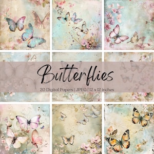 Papel imprimible mariposa Shabby Chic Descarga digital Acuarela Flores Invitación Scrapbook Junk Journal Ephemera JPG Fabricación de tarjetas