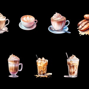 May include: A watercolor illustration of different coffee drinks, including a latte, cappuccino, iced coffee, and a coffee milkshake. The illustration also includes a pile of coffee beans.