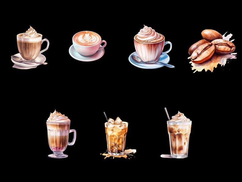 May include: A watercolor illustration of different coffee drinks, including a latte, cappuccino, iced coffee, and a coffee milkshake. The illustration also includes a pile of coffee beans.