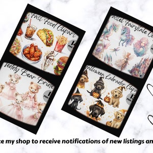 May include: Four digital clipart sets featuring watercolor illustrations. The sets include fast food, teddy bears, pastel fairytales, and Halloween Labrador retrievers.