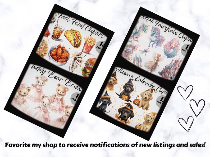 May include: Four digital clipart sets featuring watercolor illustrations. The sets include fast food, teddy bears, pastel fairytales, and Halloween Labrador retrievers.