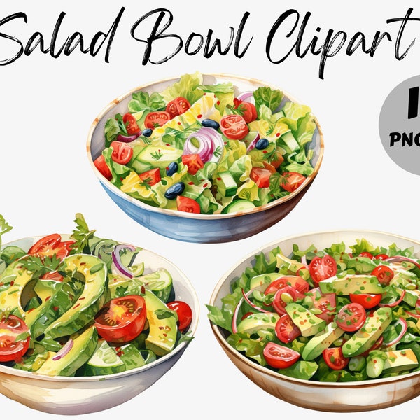 Watercolor Salad Bowl Clipart Bundle | Salad PNG | Sublimation | Food Graphics | Instant Download | Commercial Use | Garden Salad Clipart