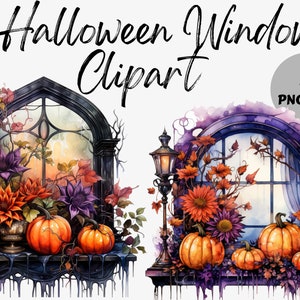 May include: Five watercolour illustrations of Halloween windows with pumpkins, flowers, and vines. The windows are arched and have a dark, gothic style. The windows are set against a white background.