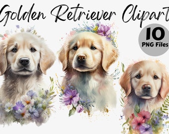 Watercolor Floral Golden Retriever Clipart Bundle | Floral Golden Retriever Digital Images | Floral Golden Retriever Graphics | Dog Clipart