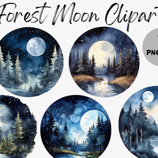 Watercolor Forest Moon Clipart Bundle | Forest Moon Digital Images | Forest Moon Graphics | Forest Moon PNG | Digital Download | Moon PNG