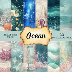 Papel de diario Ocean Junk, páginas imprimibles para diario submarino, efímeras de la naturaleza, fondo de arrecife de coral, suministros para álbumes de recortes, patrón costero